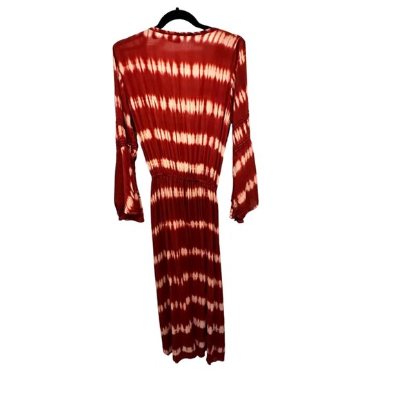 Maroon, Ivory Long Flowing Dress with Plunging Neckline, Tie Front and Belt - Picture 6 of 9